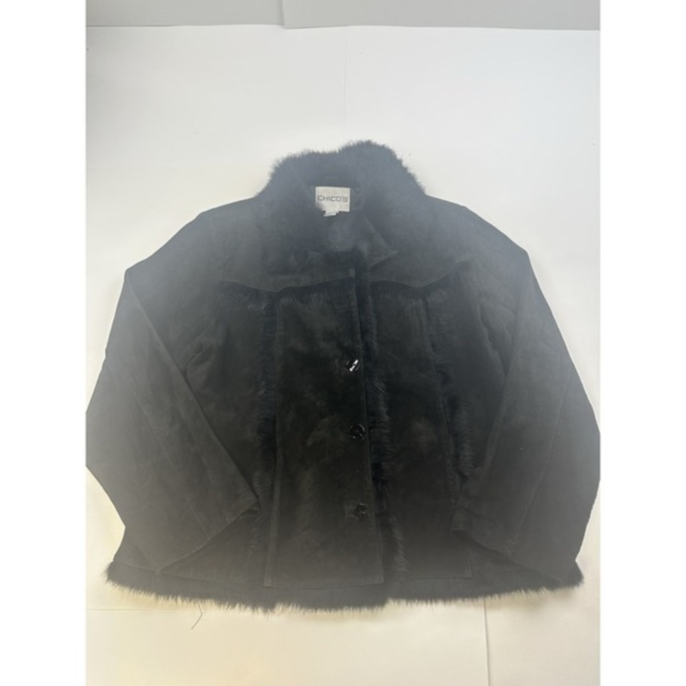 Chico's Leather Jacket Women's‎ Black Suede Rabbit fur Trim Size 2 MSRP $248